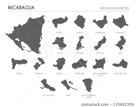 Nicaragua region silhouettes set and blank map of the country isolated on white background. Vector illustration design 135682309