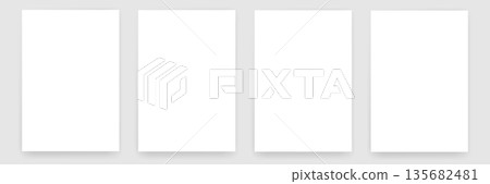 Set of 4 blank white poster mockups on gray background, realistic vertical paper frames for design presentation and portfolio display 135682481