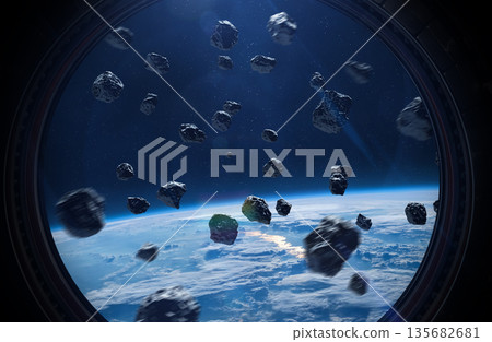 View from porthole of a spaceship to Earth planet. Asteroid belt. 135682681