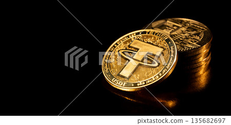 Tether USDT coin and stack of gold coins. Tether USDT coin and stack of gold coins. 135682697
