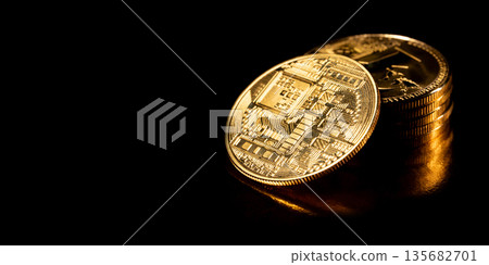 Cryptocurrency concept. Bitcoin coins on black background. Cryptocurrency concept. Bitcoin coins on black background. 135682701