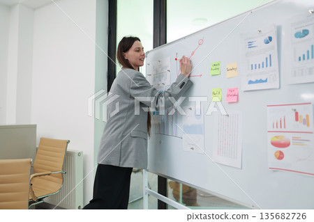 Engaging presentation by a determined woman illustrating ideas on a whiteboard in a modern office setting Engaging presentation by a determined woman illustrating ideas on a whiteboard in a modern office setting 135682726