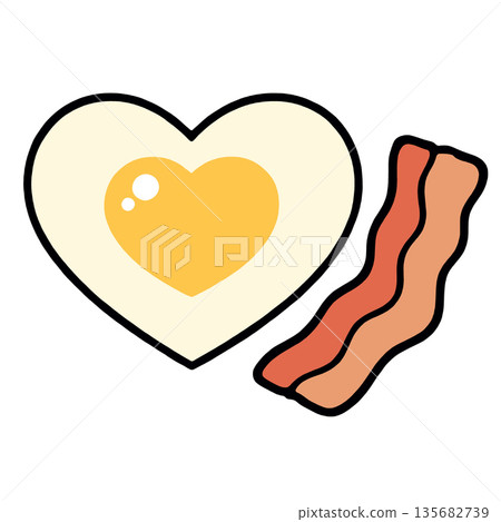 Heart shaped egg, bacon, breakfast, love, food, cute illustration, simple style 135682739