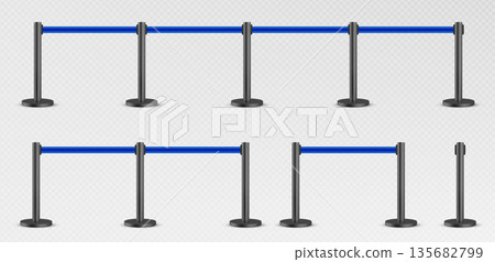 Belt barrier with blue rope on black poles 135682799