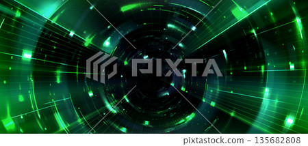 Tech background with neon green light tunnel 135682808