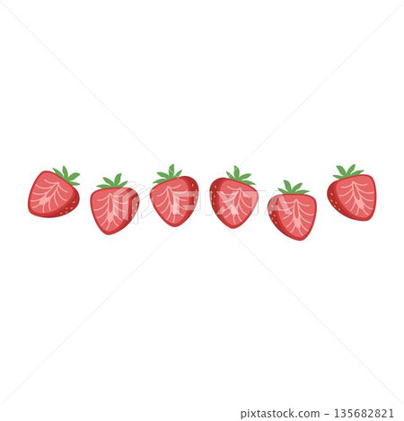 Fresh Strawberries in a Row with Green Leaves Fresh Strawberries in a Row with Green Leaves 135682821