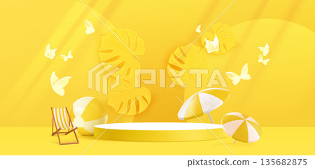 Summer beach banner with round podium on yellow Summer beach banner with round podium on yellow 135682875