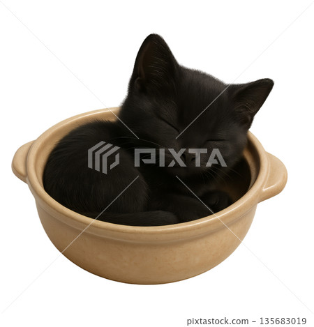 一隻黑貓睡在碗裡的插畫。一隻平靜而溫順的貓咪形象。 135683019