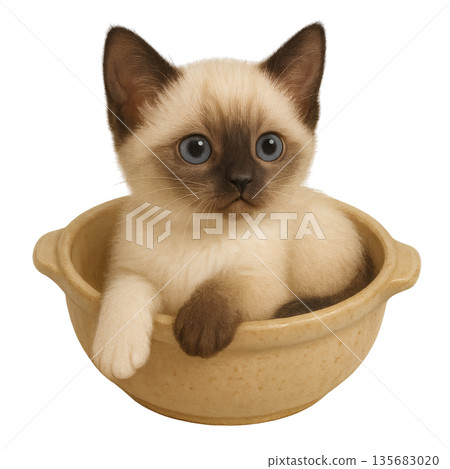 一隻暹羅小貓在碗裡的插圖——一隻可愛友善的貓咪 135683020