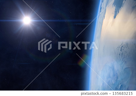 The sun's glint beams off the ocean. Earth observation. The sun's glint beams off the ocean. Earth observation. 135683215