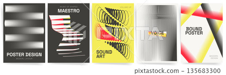 Music and Sound Line Poster Vector Set. Abstract waveforms and gradient stripes cover templates in black, red, yellow. Modern design ideal for music festival, concert, DJ, electronic events. Music and Sound Line Poster Vector Set. Abstract waveforms and gradient stripes cover templates in black, red, yellow. Modern design ideal for music festival, concert, DJ, electronic events. 135683300