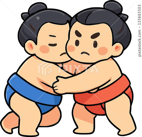 兩名相撲選手摔角的插圖 135683503