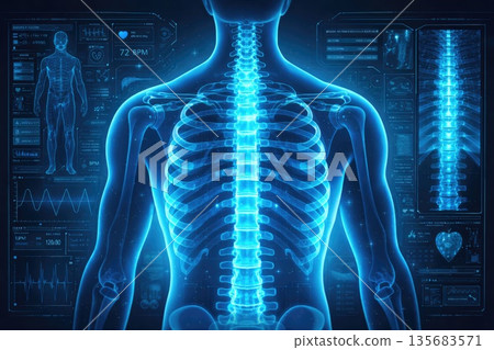 Futuristic Human Spine and Skeletal System Medical Visualization with Digital Health Interface Futuristic Human Spine and Skeletal System Medical Visualization with Digital Health Interface 135683571
