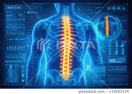 Human Spine with Highlighted Pain Area in Advanced Medical Body Scan Interface Human Spine with Highlighted Pain Area in Advanced Medical Body Scan Interface 135683574