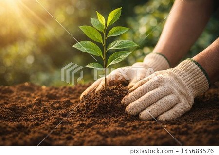 Hands Planting Young Green Seedling in Soil Representing Growth, Ecology and Sustainability Hands Planting Young Green Seedling in Soil Representing Growth, Ecology and Sustainability 135683576