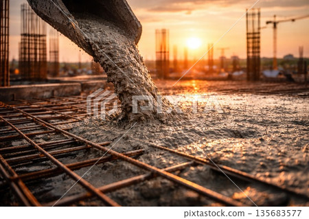 Fresh Concrete Pouring on Construction Site at Sunset with Reinforcement Steel Structure Fresh Concrete Pouring on Construction Site at Sunset with Reinforcement Steel Structure 135683577