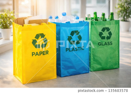 Colorful Recycling Bags for Paper, Plastic and Glass Promoting Waste Sorting at Home Colorful Recycling Bags for Paper, Plastic and Glass Promoting Waste Sorting at Home 135683578