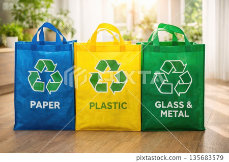 Reusable Recycling Bags for Paper, Plastic and Metal Supporting Eco Friendly Lifestyle Reusable Recycling Bags for Paper, Plastic and Metal Supporting Eco Friendly Lifestyle 135683579