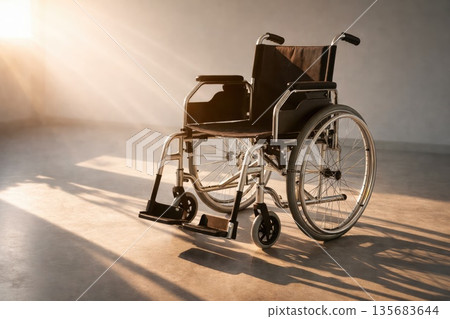 Empty Wheelchair in Sunlit Room Representing Disability and Care Empty Wheelchair in Sunlit Room Representing Disability and Care 135683644