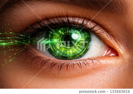 Futuristic Green Digital Eye Representing Biometric Technology and AI Futuristic Green Digital Eye Representing Biometric Technology and AI 135683658