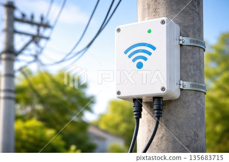 Wireless Internet Access Point with WiFi Signal Icon on Utility Pole 135683715