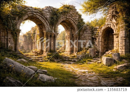 Ancient Stone Ruins with Arches in Overgrown Forest Landscape Ancient Stone Ruins with Arches in Overgrown Forest Landscape 135683719