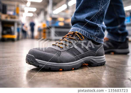 Protective Work Shoes on Factory Floor in Industrial Environment Protective Work Shoes on Factory Floor in Industrial Environment 135683723