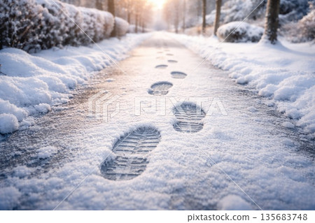 Footprints in Fresh Snow on Winter Path with Soft Morning Light Footprints in Fresh Snow on Winter Path with Soft Morning Light 135683748