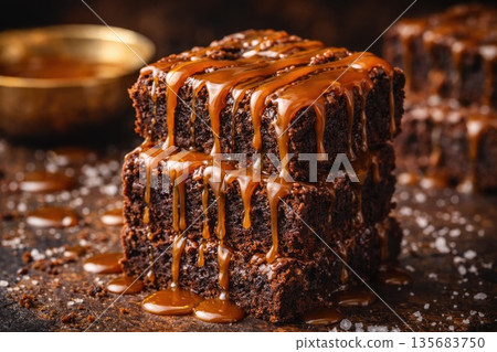 Stacked Chocolate Brownies with Salted Caramel Drizzle and Rustic Food Styling Stacked Chocolate Brownies with Salted Caramel Drizzle and Rustic Food Styling 135683750