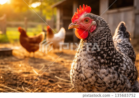 Speckled Hen Standing in Farmyard at Golden Hour with Free Range Chickens Speckled Hen Standing in Farmyard at Golden Hour with Free Range Chickens 135683752