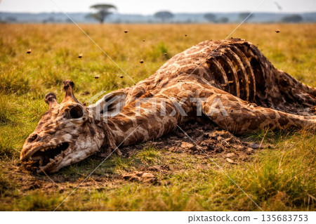 Animal Skeleton in African Savanna Landscape Symbolizing Drought and Survival 135683753