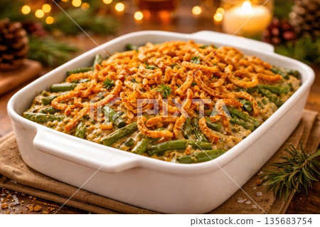 Homemade Green Bean Casserole with Crispy Fried Onions and Festive Background Homemade Green Bean Casserole with Crispy Fried Onions and Festive Background 135683754