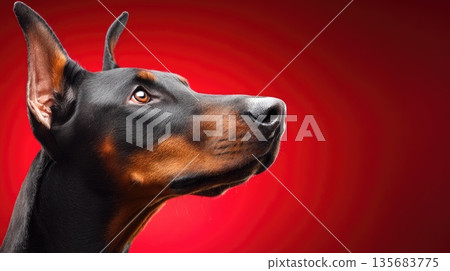 Elegant Doberman dog portrait on red studio background Elegant Doberman dog portrait on red studio background 135683775