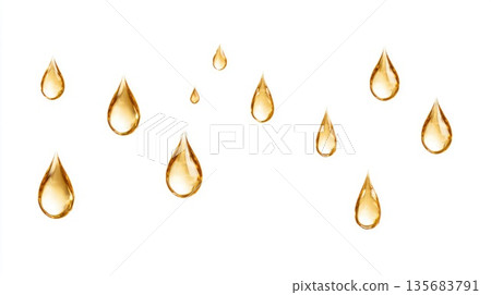 Golden Oil Drops Isolated On White Background With Minimal Style Golden Oil Drops Isolated On White Background With Minimal Style 135683791