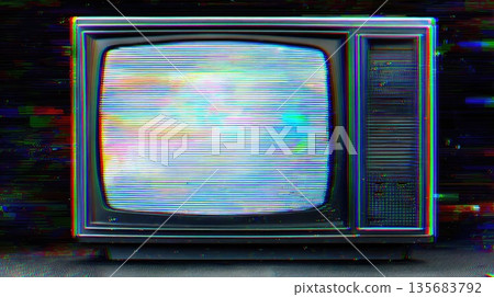Vintage Television With Colorful Glitch Effect And Static Screen Vintage Television With Colorful Glitch Effect And Static Screen 135683792