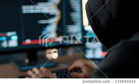Anonymous Hacker Coding at Computer with Multiple Screens, Cybersecurity and Technology Concept 135683833