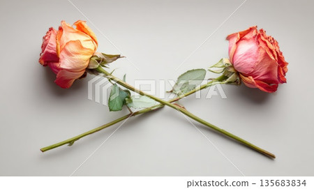 Two Dried Roses Crossed on Neutral Background, Love, Loss and Symbolic Still Life Two Dried Roses Crossed on Neutral Background, Love, Loss and Symbolic Still Life 135683834