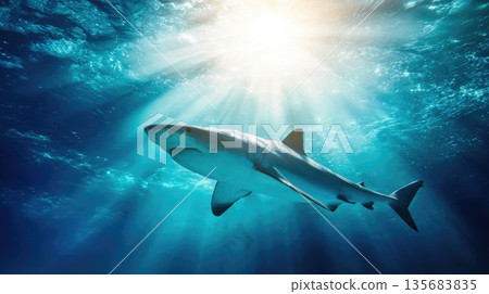 Shark Swimming Underwater with Sun Rays, Marine Wildlife and Ocean Nature Scene Shark Swimming Underwater with Sun Rays, Marine Wildlife and Ocean Nature Scene 135683835