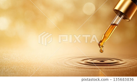 Golden Oil Drop Falling from Glass Dropper, Luxury Skincare and Wellness Concept 135683836