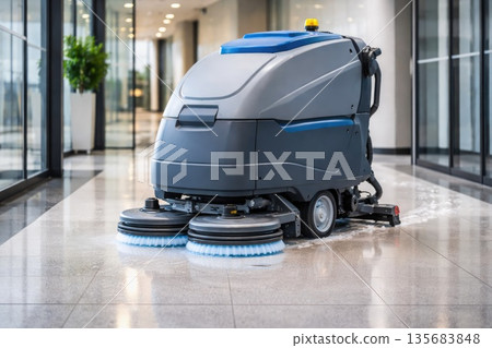 Modern Floor Cleaning Machine in Office Corridor 135683848