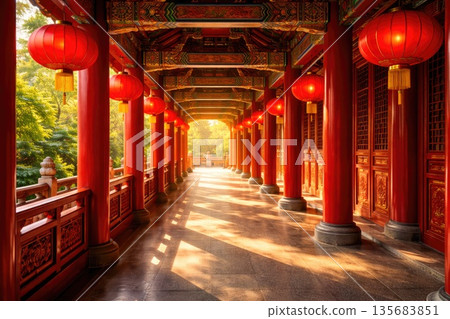 Traditional Chinese Temple Corridor with Red Lanterns and Ornate Wooden Columns in Warm Sunlight Traditional Chinese Temple Corridor with Red Lanterns and Ornate Wooden Columns in Warm Sunlight 135683851