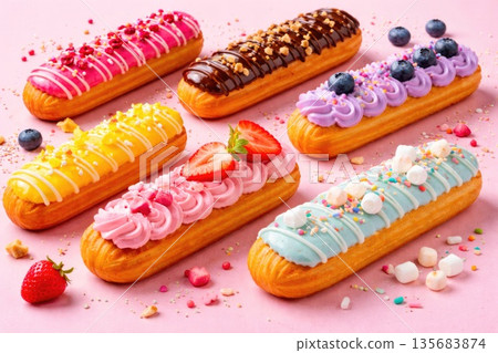 Colorful Gourmet Eclairs with Cream and Toppings on Pink Background Colorful Gourmet Eclairs with Cream and Toppings on Pink Background 135683874