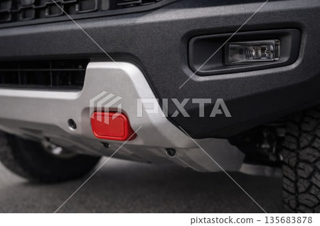 Off-Road Vehicle Rear Bumper with Red Tow Hook Detail 135683878