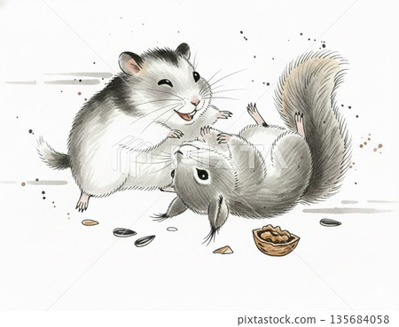 倉鼠和松鼠一起玩耍，一起歡笑——這是跨物種友誼和溫暖互動的畫面。 135684058