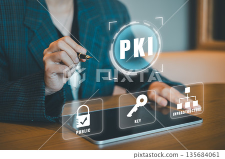 A business professional interacts with PKI technology icons on a digital tablet, symbolizing secure communication and data protection. A business professional interacts with PKI technology icons on a digital tablet, symbolizing secure communication and data protection. 135684061