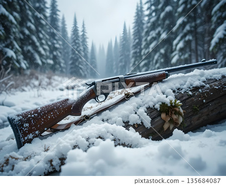 Lever Action Hunting Rifle Resting on Snowy Log in Winter Forest 135684087
