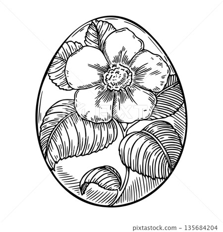 Easter egg painted with flower hand drawn sketch. Vintage floral shell vector line art illustration. Use for spring holiday greeting card design. Perfect for Christian religious and farm themed print. Easter egg painted with flower hand drawn sketch. Vintage floral shell vector line art illustration. Use for spring holiday greeting card design. Perfect for Christian religious and farm themed print. 135684204