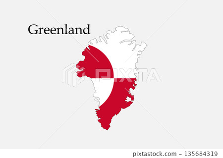 Greenland Map Silhouette With Red Quarter Flag Design and Greenland Text. Greenland Map Silhouette With Red Quarter Flag Design and Greenland Text. 135684319