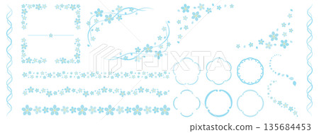 Cute cherry blossom frame and decoration set in blue Cute cherry blossom frame and decoration set in blue 135684453