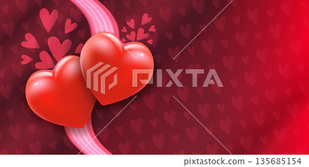 Abstract 3D red hearts on elegant wavy background with heart shapes pattern, creative concept of love and passion for romantic greeting banner. Two red hearts Abstract 3D red hearts on elegant wavy background with heart shapes pattern, creative concept of love and passion for romantic greeting banner. Two red hearts 135685154